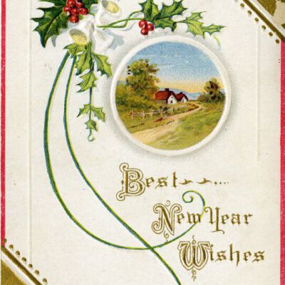 "Best New Year Wishes" postcard, front, 1930: Origsize: 3.5" x 5.5"; Origformat: Postcard; Resolution: 925dpi