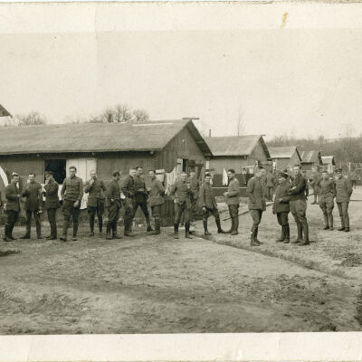 Soldiers Gathered in Front of Barracks