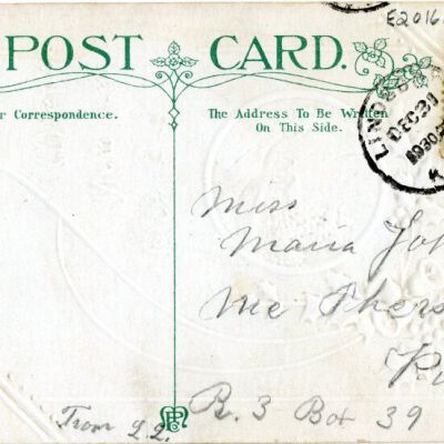 "Best New Year Wishes" postcard, front, 1930: Origsize: 3.5" x 5.5"; Origformat: Postcard; Resolution: 925dpi