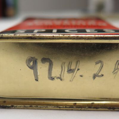 Bottom of spice tin of Poultry Seasoning: Origsize: 3.75" (h) x 2.5" (w); Origformat: Artifact