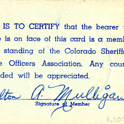 Milton Mulligan's Colorado Sheriffs' and Peace Officers' Association Membership Card, 1962