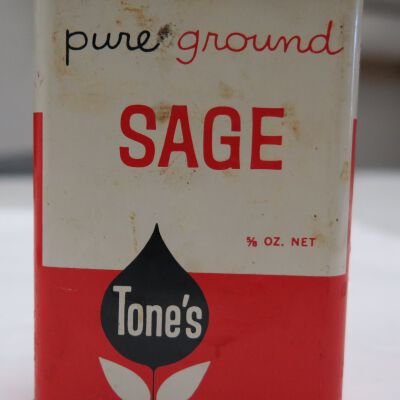 Front of spice tin of Sage: Origsize: 3.75" (h) x 2.5" (w); Origformat: Artifact