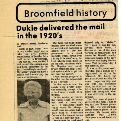 Broomfield history- Dukie delivered the mail in the 1920's