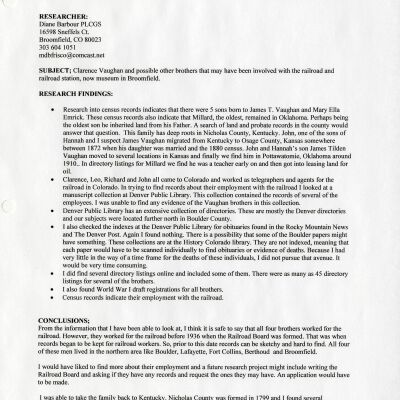 Genealogy report on Vaughan family and the Broomfield Depot