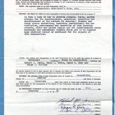 Certificate of Incorporation, Broomfield Sportsmen's Club, 1959: Origsize: 9" x 13"; Origformat: Other; Resolution: 300dpi
