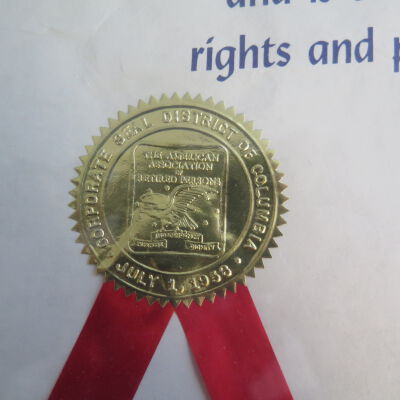 Close up on seal on certificate.: Origsize: 13.25" (h) x 17.25"; Origformat: Artifact