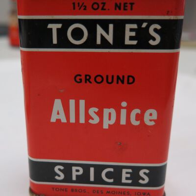 Front of spice tin of Allspice: Origsize: 3.75" (h) x 2.5" (w); Origformat: Artifact