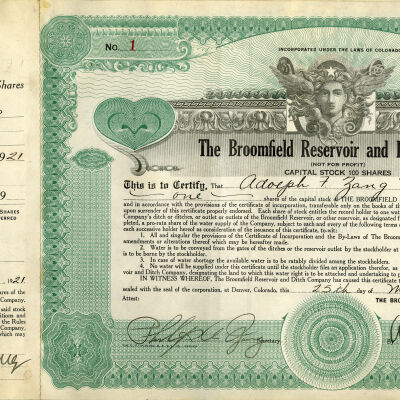 Broomfield Reservoir and Ditch Company stock certificate ledger book and stock transfer records