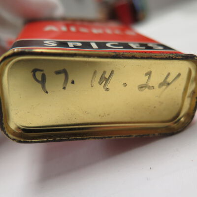Bottom of spice tin of Allspice: Origsize: 3.75" (h) x 2.5" (w); Origformat: Artifact