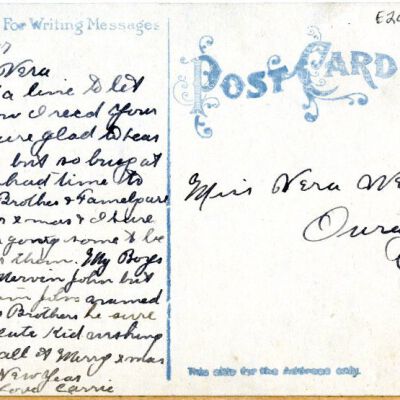 "A Merry Christmas" postcard, back, 1917: Origsize: 3.5" x 5.5"; Origformat: Postcard; Resolution: 925dpi