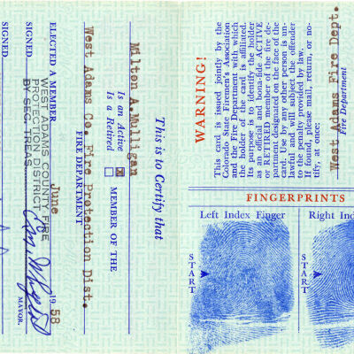 Milton Mulligan's Colorado State Firemen's Association Membership Card, 1962
