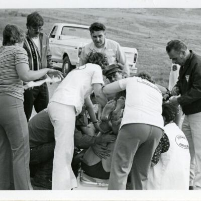 Patient being loaded onto a stretcher at a car accident, circa 1976: Origsize: 5" x 7"; Origformat: Print-Photographic; Resolution: 725dpi