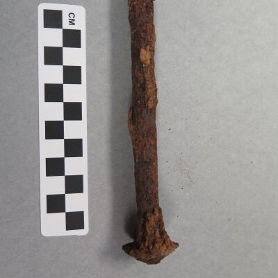 Other side of rail spike.: Origsize: 1" (h) x 1.5" (w) x; Origformat: Artifact