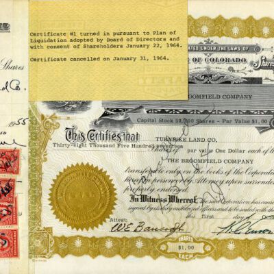 Turnpike Land Co.'s stock certificate for The Broomfield Company, 1964: Origsize: 8.25" x 14"; Origformat: Paper; Resolution: 375dpi