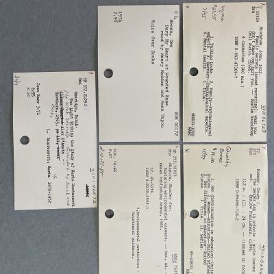Five library catalog cards from the old Mamie Doud Eisenhower Card Catalog
