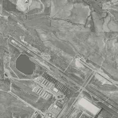 Aerial photograph of an airport, mounted on a foam board, from May 12, 1979, Rocky Mountain Metro Airport