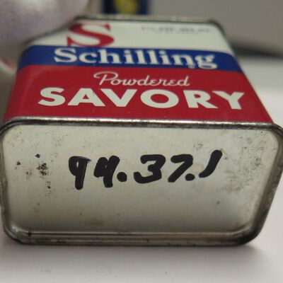 Bottom of spice tin: Origsize: 2" (h) x 2" (w) x 1"; Origformat: Artifact