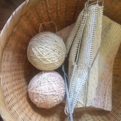 Close up of basket with balls of yarn and needles.: Origsize: 10.5"(diam) x 4.5" (; Origformat: Artifact