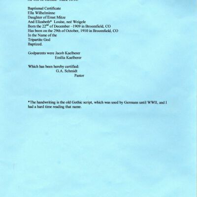Translation of Ella Mitze's baptismal certificate: Origsize: 8.5" x 11"; Origformat: Paper; Resolution: 450dpi