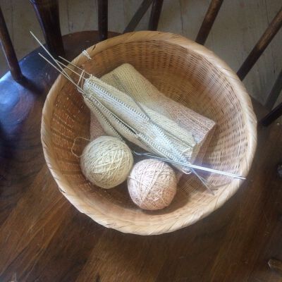 Basket with balls of yarn and needles.: Origsize: 10.5" (diam) x 4.5"; Origformat: Artifact