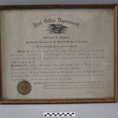 US Post Office Department certificate appointing Harry Crawford to position of Broomfield Postmaster