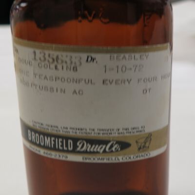 Medicine bottle label: Origsize: 6" (h) x 2.25" (w) x; Origformat: Artifact