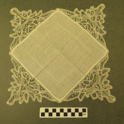 Front of furniture scarf.: Origsize: 15.75" (w) x 15.75"; Origformat: Artifact