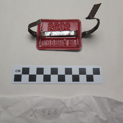 Back of license plate.: Origsize: 2" (h) x 3" (w) x 3"; Origformat: Artifact