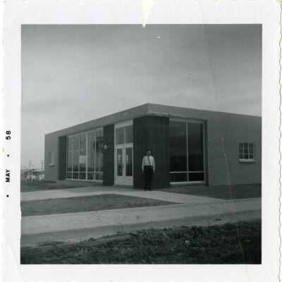 Miles Crawford in front of the Broomfield Post Office, May 1958: Origsize: 3.5" x 3.5"; Origformat: Print-Photographic; Resolution: 1400dpi