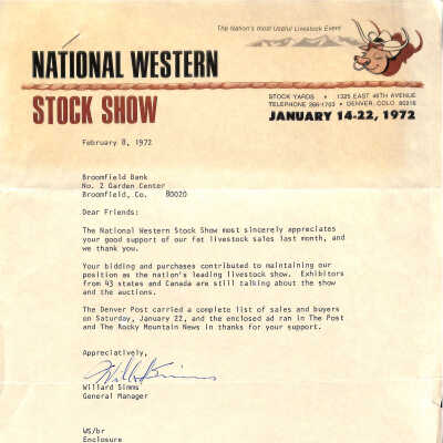 Letter to Broomfield Bank from National Western Stock Show