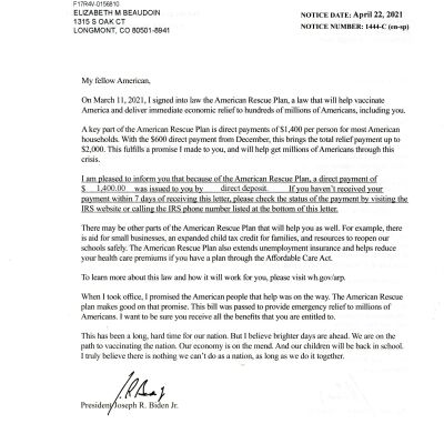 Letter for Third Stimulus Payment from President Joe Biden