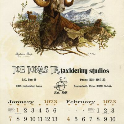 Joe Jonas Jr. Taxidermy Studios calendar, 1973: Origsize: 9.25" x 14"; Origformat: Other; Resolution: 350dpi