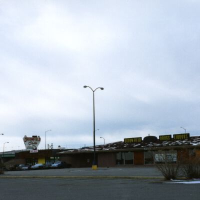 Original Broomfield Retail Center looking at old Safeway and Drugstore, heart of Broomfield sign