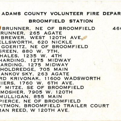 West Adams County Volunteer Fire Department roster card, undated: Origsize: 2.5" x 4"; Origformat: Other; Resolution: 1350dpi