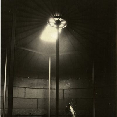 Workers welding inside of a Broomfield reservoir structure: Origsize: 8" x 10"; Origformat: Print-Photographic; Resolution: 500dpi