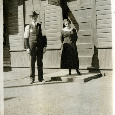 Station Agent Robert Hillen and Jeannie Hillen Outside by Superior Depot's Telegraph Office