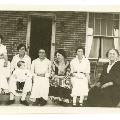 Frances Cron with sisters and friends on a porch, circa 1914: Origsize: Unknown; Origformat: Print-Photographic; Resolution: 300dpi