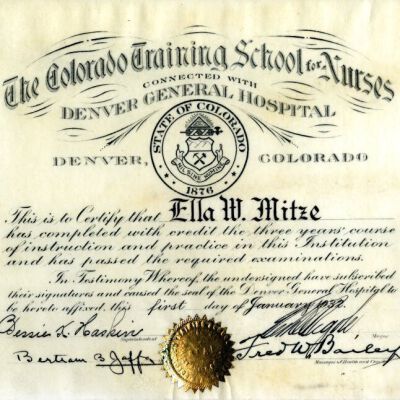 Graduation certificate for Ella Mitze from Nursing School, 1932: Origsize: 6" x 8"; Origformat: Paper; Resolution: 625dpi