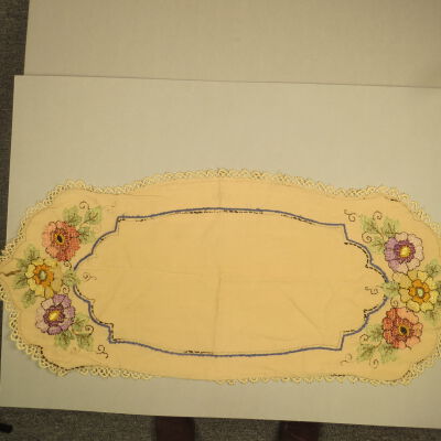 Tan Tablecloth with Embroidered Flowers