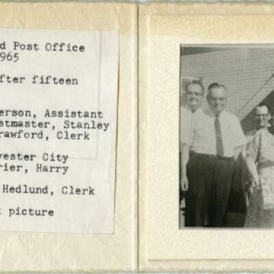 Emily Crawford's retirement photo card, 1965: Origsize: 4" x 11"; Origformat: Print-Photographic; Resolution: 450dpi