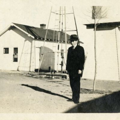 Miles Crawford on his family's property. circa 1920: Origsize: 3.5" x 5.75"; Origformat: Print-Photographic; Resolution: 875dpi