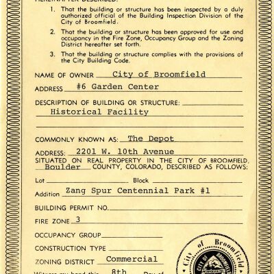 Broomfield Depot Certificate of Occupancy