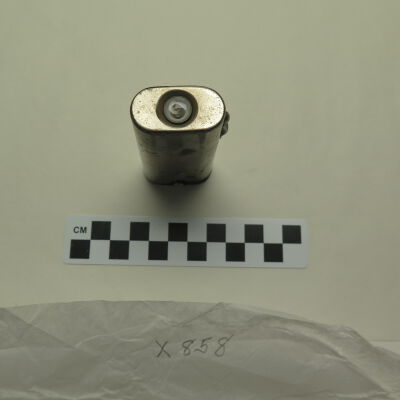 Top of flashlight.: Origsize: 3" (h) x 1.25" (w) x; Origformat: Artifact