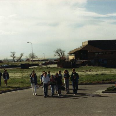 Volunteers walking from the Broomfield Depot Museum parking lot, 1988: Origsize: 3.5" x 5"; Origformat: Print-Photographic; Resolution: 1000dpi