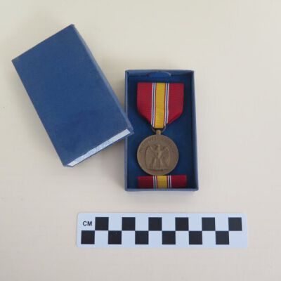 Medal in box: Origsize: 1" (h) x 2"(w) x 4"; Origformat: Artifact