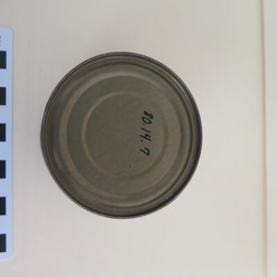 Bottom of can: Origsize: 2" (h) x 3" (dia); Origformat: Artifact