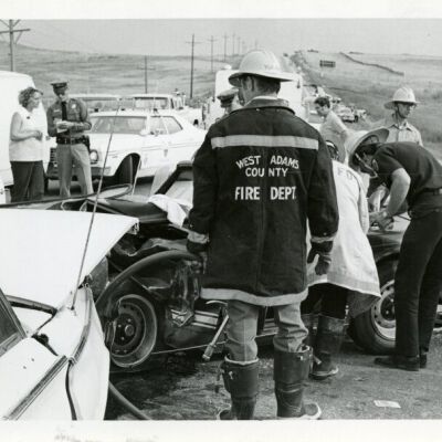West Adams County Fire Department responding to an accident, circa 1976: Origsize: 5" x 7"; Origformat: Print-Photographic; Resolution: 725dpi