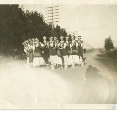 Frances Cron posing with sisters and friends in matching dresses: Origsize: Unknown; Origformat: Print-Photographic; Resolution: 300dpi