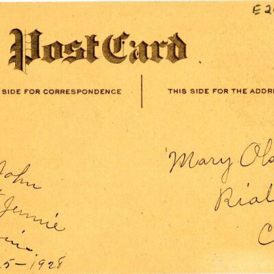 "A Merry Christmas" postcard, back, 1928: Origsize: 3.5" x 5.5"; Origformat: Postcard; Resolution: 925dpi
