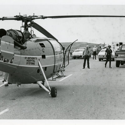 Flight for Life helicopter landed at a car accident, Highway 287